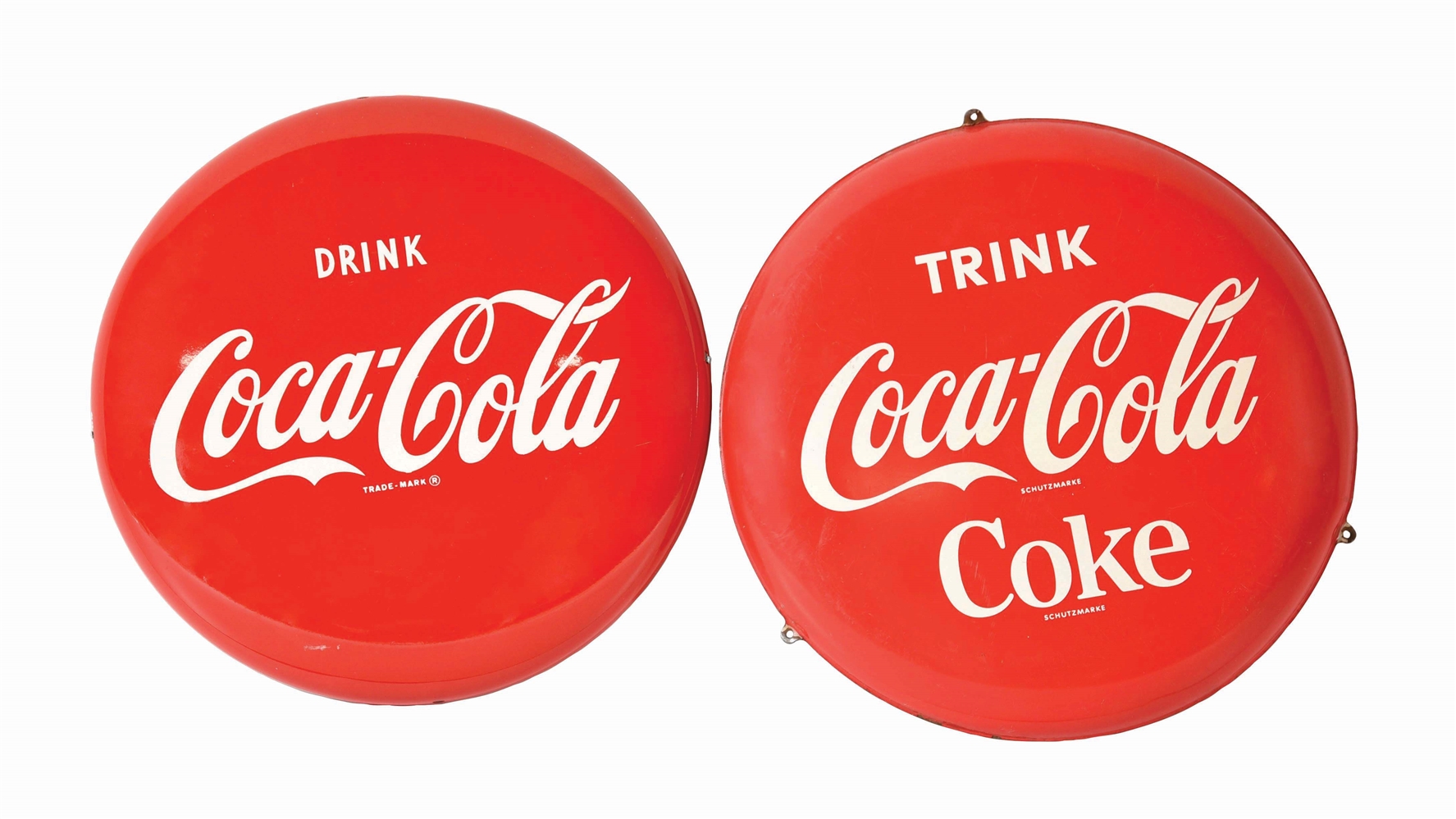 LOT OF 2: PAINTED METAL COCA-COLA BUTTONS.