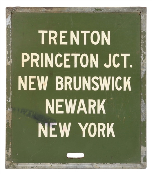 HAND PAINTED MASONITE TRAIN ANNOUNCEMENT SIGN FOR NEW YORK & NEW JERSEY CITIES. 