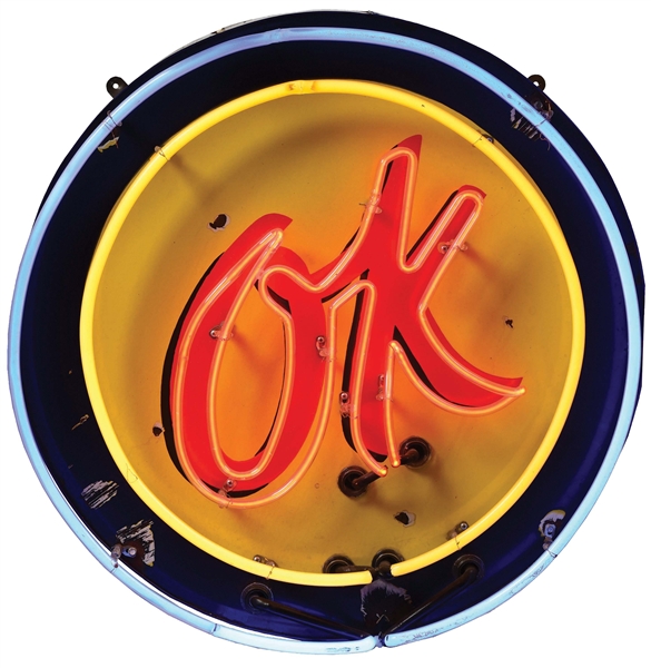 OK USED CARS REPRODUCTION PORCELAIN NEON SIGN ON NEW METAL CAN. 