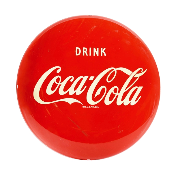 "DRINK COCA-COLA" PAINTED TIN BUTTON SIGN.