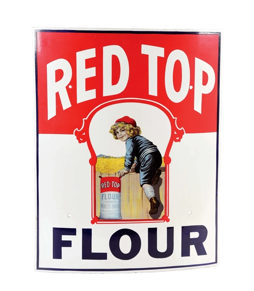 CURVED PORCELAIN RED TOP FLOUR CORNER SIGN.