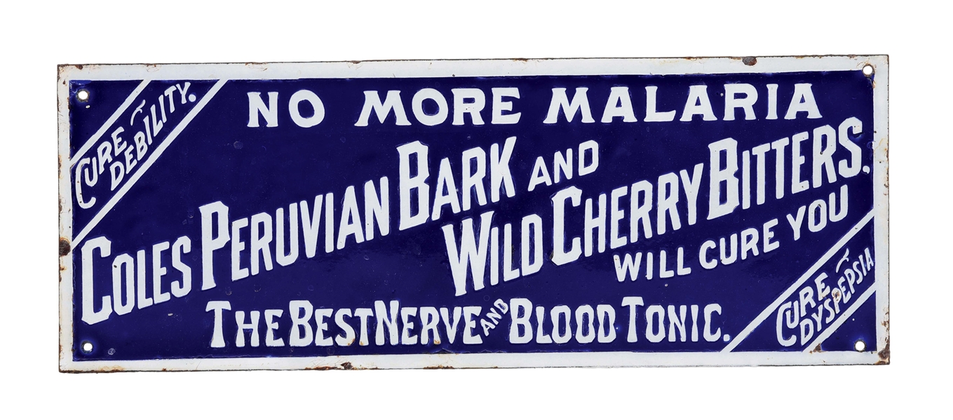 SINGLE-SIDED PORCELAIN COBALT COLES PERUVIAN BARK AND WILD CHERRY BITTERS SIGN. 