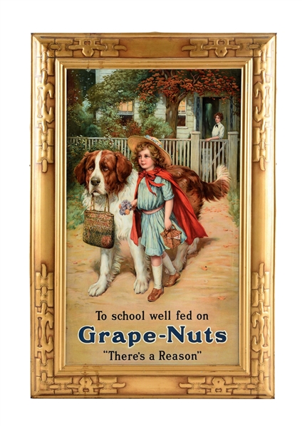 SELF FRAMED TIN LITHOGRAPH GRAPE-NUTS SIGN.
