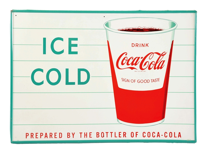 SELF FRAMED TIN "ICE COLD" COCA-COLA RED CUP SIGN.