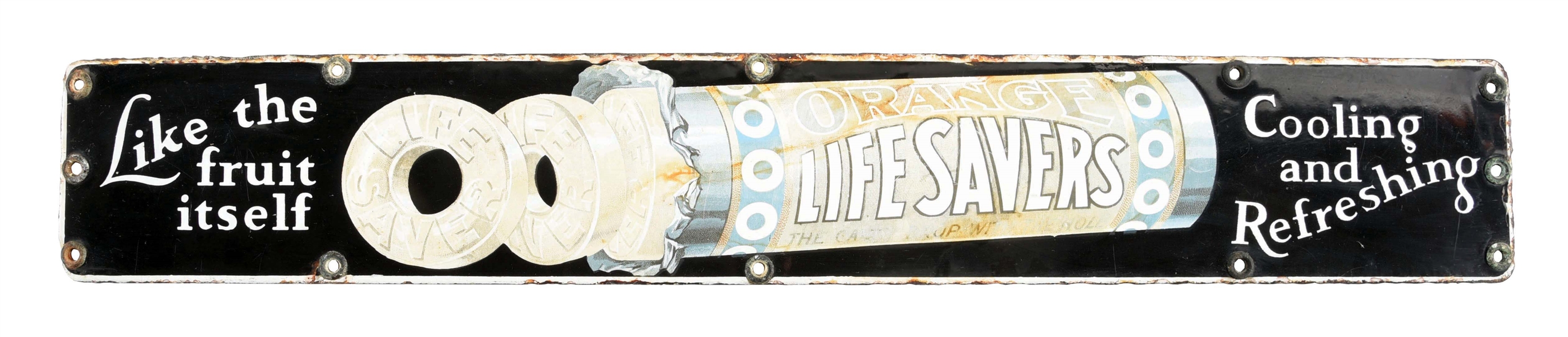  PORCELAIN ORANGE LIFE SAVERS STRIP SIGN.