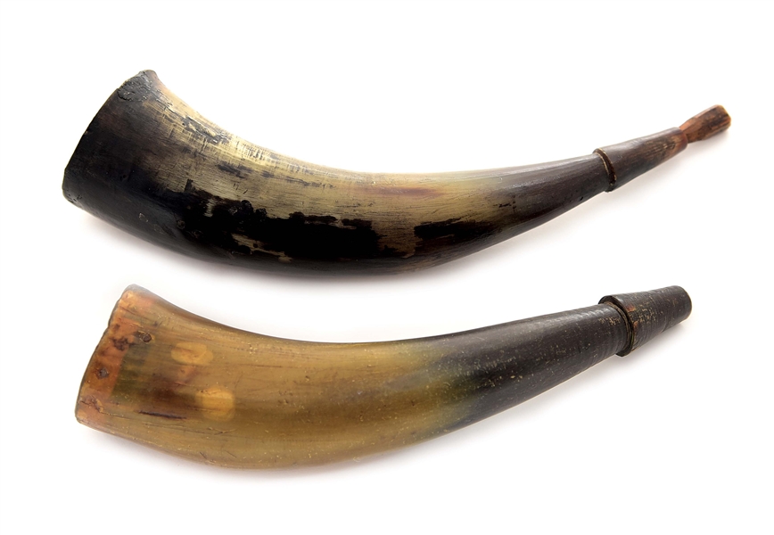 LOT OF 2: INSCRIBED IDENTIFIED GLASS BUTT PRIMING POWDER HORNS. 