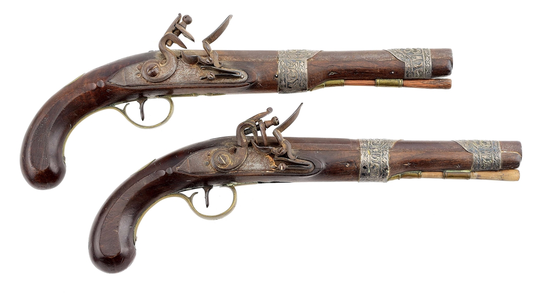 (A) PAIR OF FLINTLOCK PISTOLS WITH SILVER BANDS AND KETLAND LOCKS. EX: DECATUR.