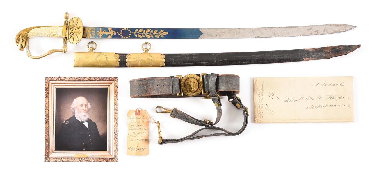 US MODEL 1841 NAVAL OFFICERS SWORD, REGULATION DOCUMENTS, AND REVENUE CUTTER SERVICE LEATHER BELT AND BUCKLE OF GEORGE WASHINGTON STORER, DECATUR RELATIVE.
