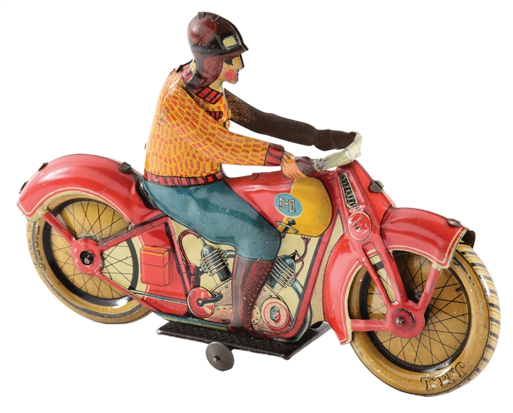 FRENCH JML TIN LITHO WIND-UP MOTORCYCLE TOY.