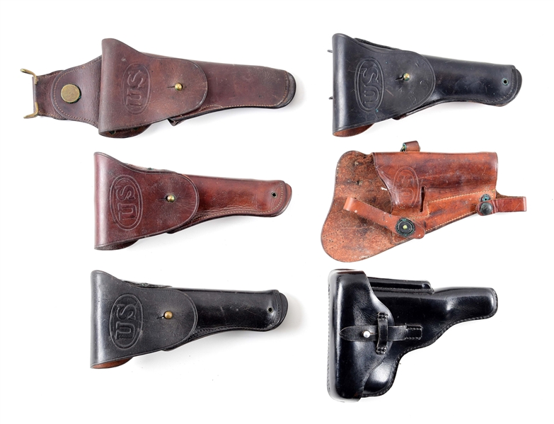 LOT OF 6: 5 US WWI AND WWII LEATHER HOLSTERS AND P.38 HOLSTER.