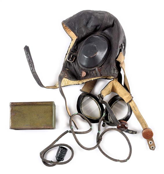 GERMAN WWII FLIGHT HELMET WITH GOGGLES AND EXTRA LENSES