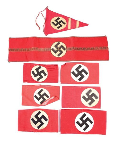 LOT OF 8: THIRD REICH ARMBANDS AND PENNANT. 