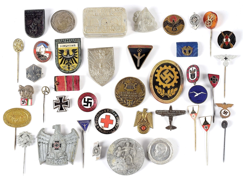 LOT OF MISCELLANEOUS THIRD REICH STICK PINS, TINNIES, AND RIBBONS.