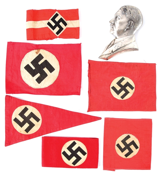 LOT OF 7: THIRD REICH ARMBANDS, PENNANT, AND HITLER PLAQUE
