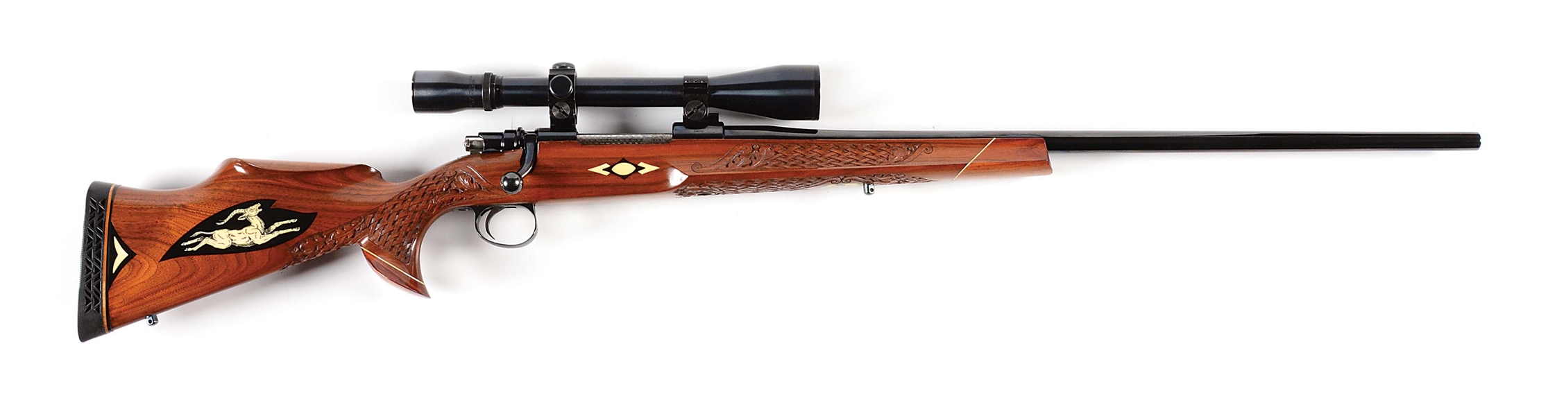 (C) WINSLOW ARMS CO. CROWN CUSTOM .358 NORMA MAGNUM BOLT ACTION RIFLE WITH WEAVER V8 SCOPE.