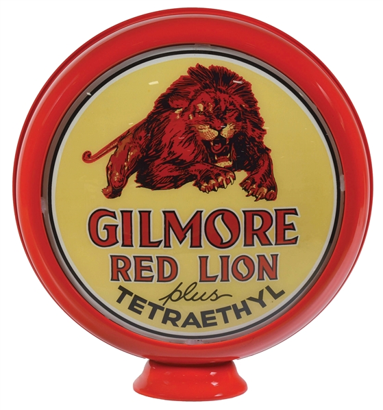 REPRODUCTION GILMORE RED LION PLUS TETRAETHYL COMPLETE 15" GLOBE ON METAL HIGH PROFILE BODY. 