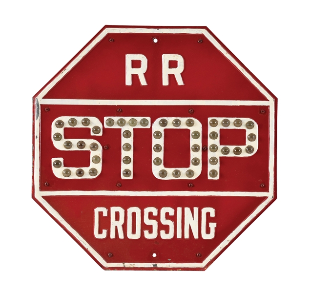 RAILROAD CROSSING STOP SIGN W/ GLASS REFLECTIVE MARBLE LETTERING. 