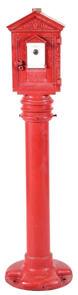 GAMEWELL FIRE ALARM BOX MOUNTED ON CAST IRON PEDESTAL BASE. 