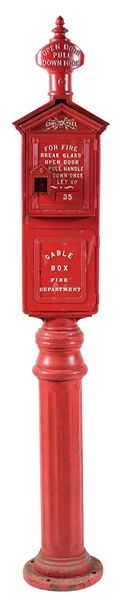 GAMEWELL CAST IRON FIRE ALARM BOX ON FLUTED CAST IRON BASE. 