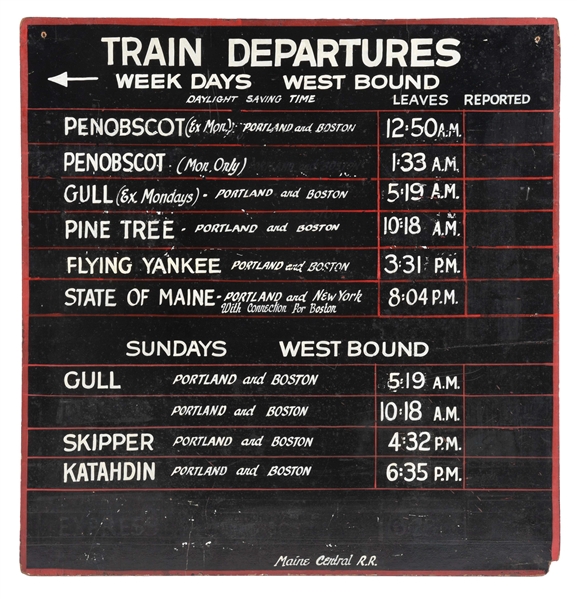 MAINE CENTRAL RAILROAD HAND PAINTED MASONITE TRAIN DEPARTURES BOARD. 