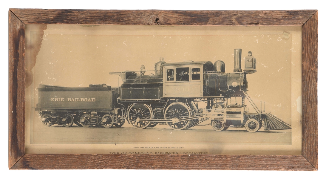 FRAMED ERIE RAILROAD PAPER DISPLAY PIECE W/ LOCOMOTIVE GRAPHIC. 