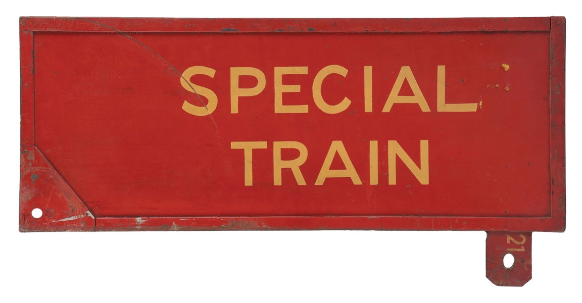 SPECIAL TRAIN TIN RAILROAD GATE SIGN. 