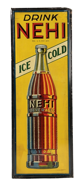 EXTREMELY RARE "DRINK NEHI" EMBOSSED TIN VERTICAL BOTTLE SIGN.
