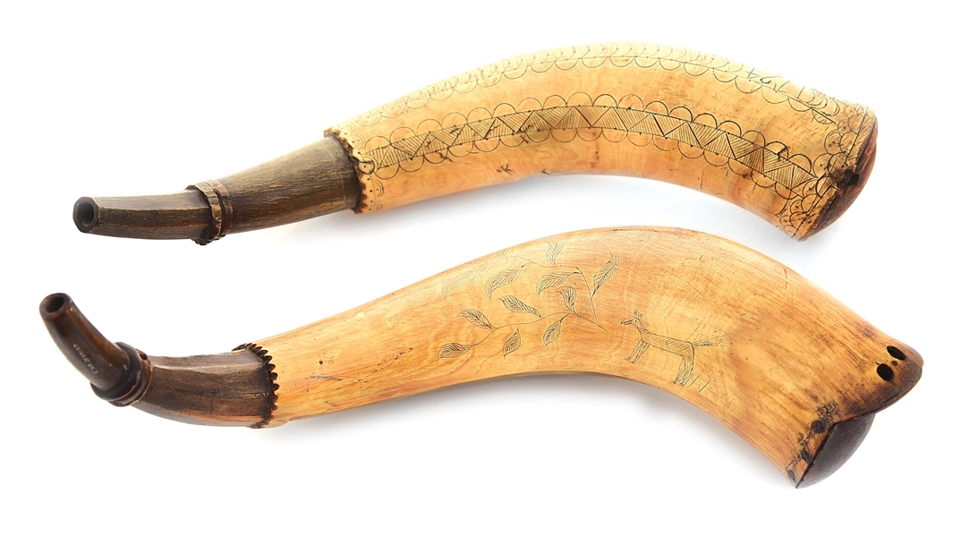 LOT OF 2: ATTRACTIVE ENGRAVED POWDER HORNS.