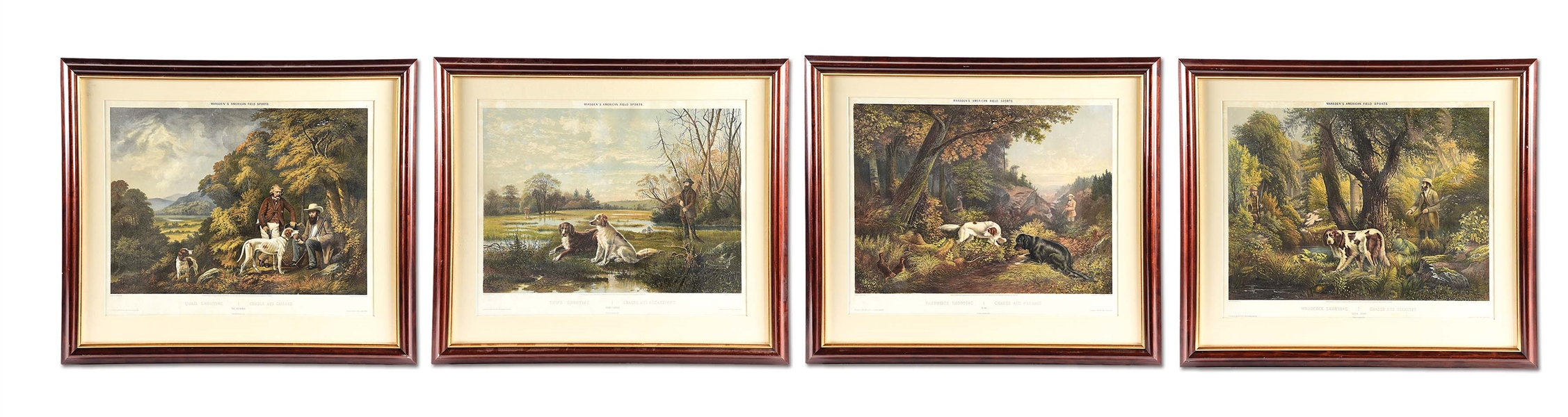 VERY SCARCE COMPLETE SET OF FOUR WILLIAM MARDENS 1857 AMERICAN FIELD SPORTS HAND COLORED LITHOGRAPH PRINTS.