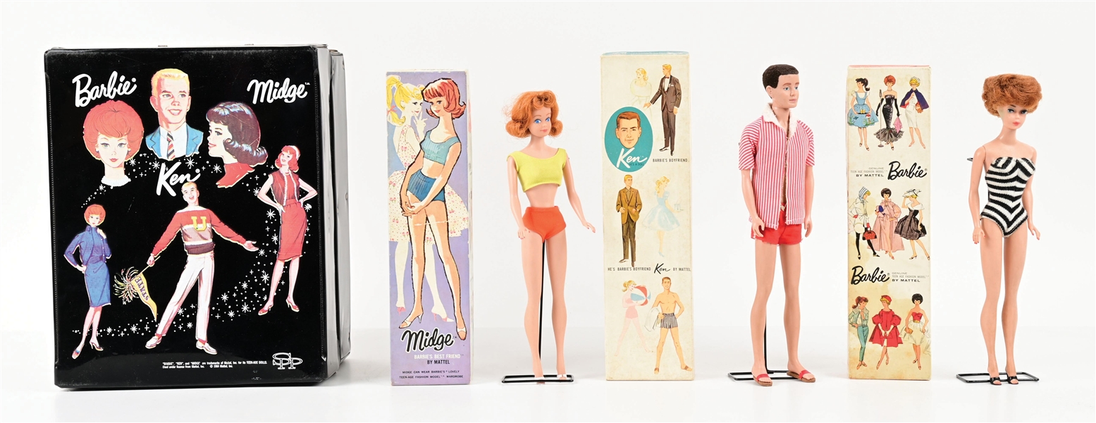 DOLL CASE WITH BARBIE, MIDGE AND KEN DOLLS INSIDE.