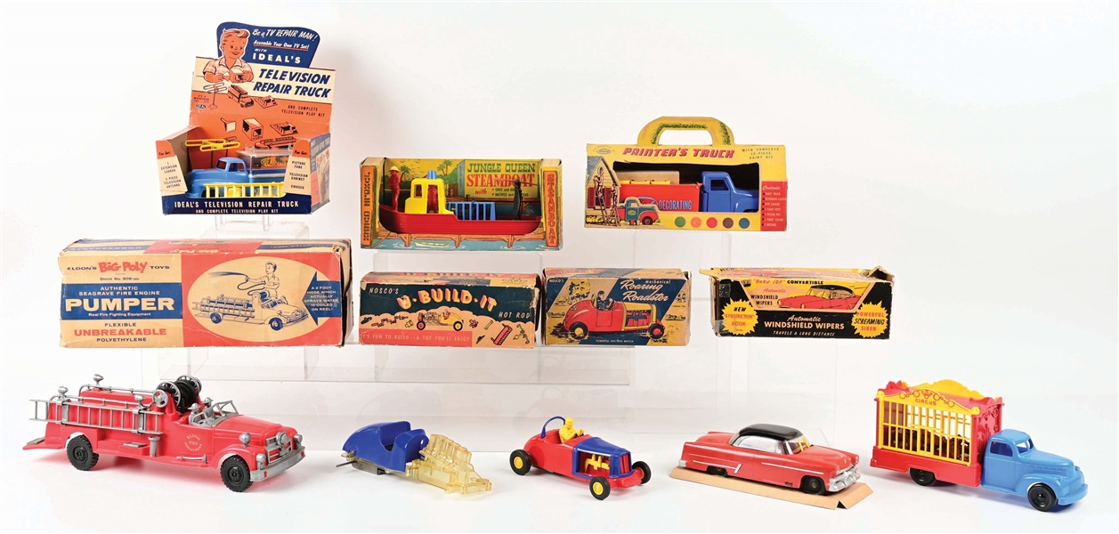 LOT OF 8: VARIOUS 1950S AND 1960S PLASTIC VEHICLE TOYS.