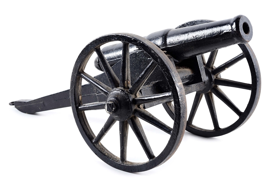 PAINTED CAST IRON VINTAGE CANNON AND CARRIAGE.