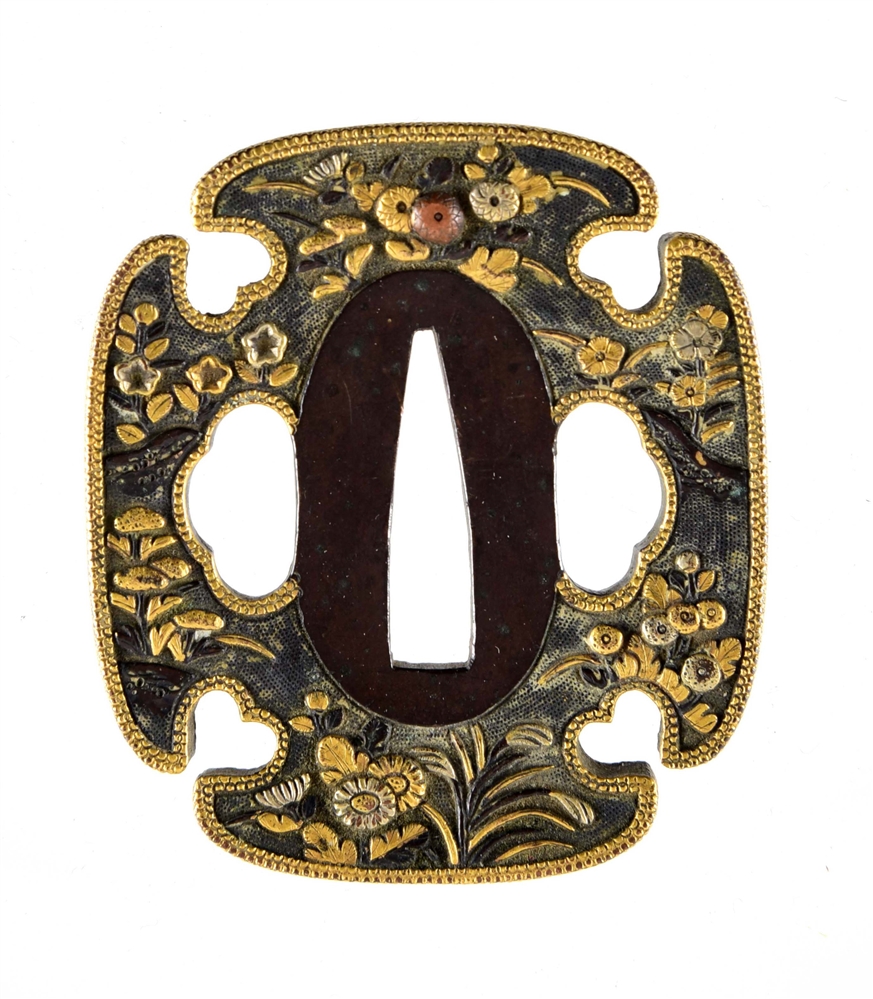 JAPANESE TSUBA WITH HIGHLY ATTRACTIVE DESIGN FEATURING PEONY FLOWERS.