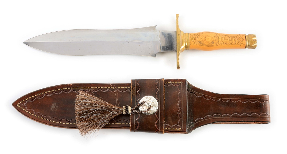 CUSTOM SPEARPOINT BOWIE KNIFE WITH BEAUTIFULLY ENGRAVED GRIP.