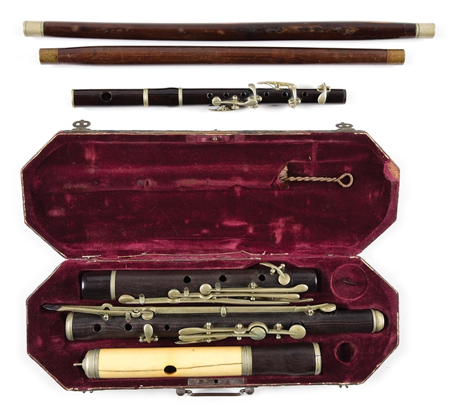 LOT OF 4: C.W. ERA BAND INSTRUMENTS, WITH 1840S CASED BAND FLUTE.