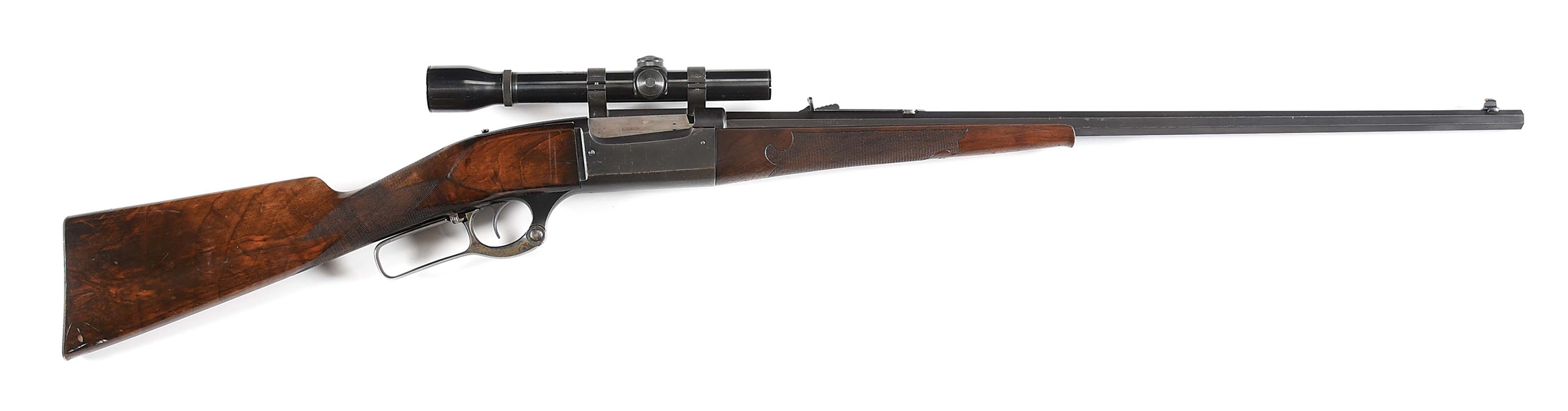 (C) SAVAGE MODEL 1895 LEVER ACTION RIFLE WITH SCOPE.