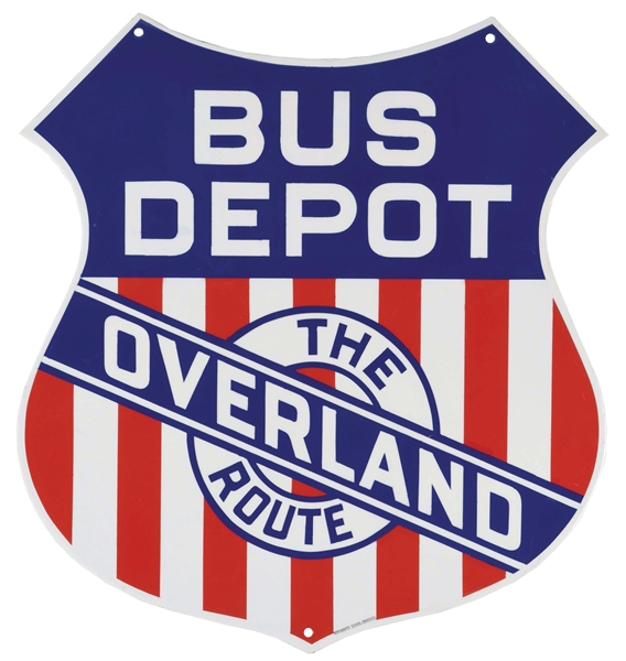 THE OVERLAND ROUTE BUS DEPOT PORCELAIN SHIELD SIGN. 