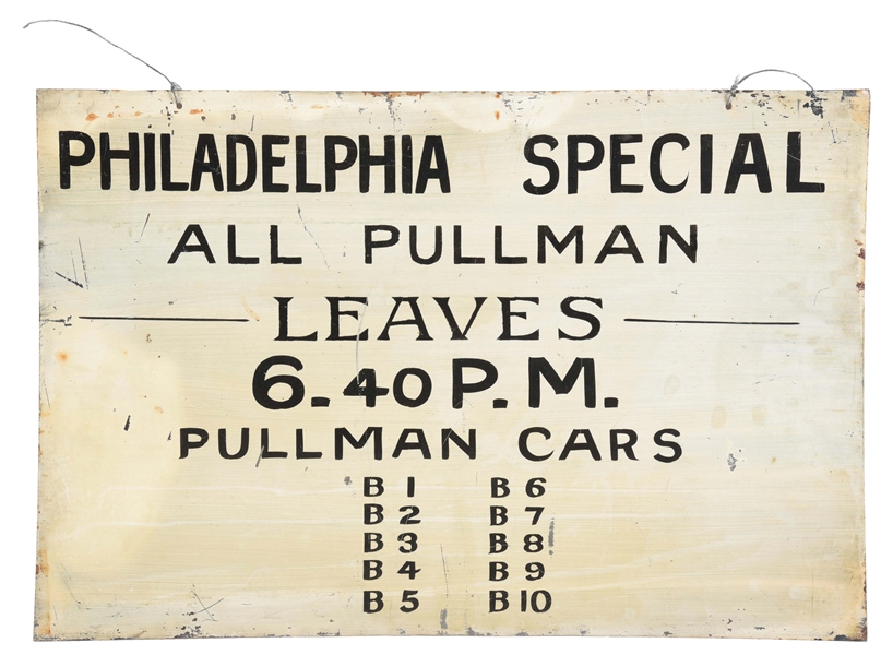 PHILADELPHIA SPECIAL RAILROAD HAND PAINTED TIN SIGN. 
