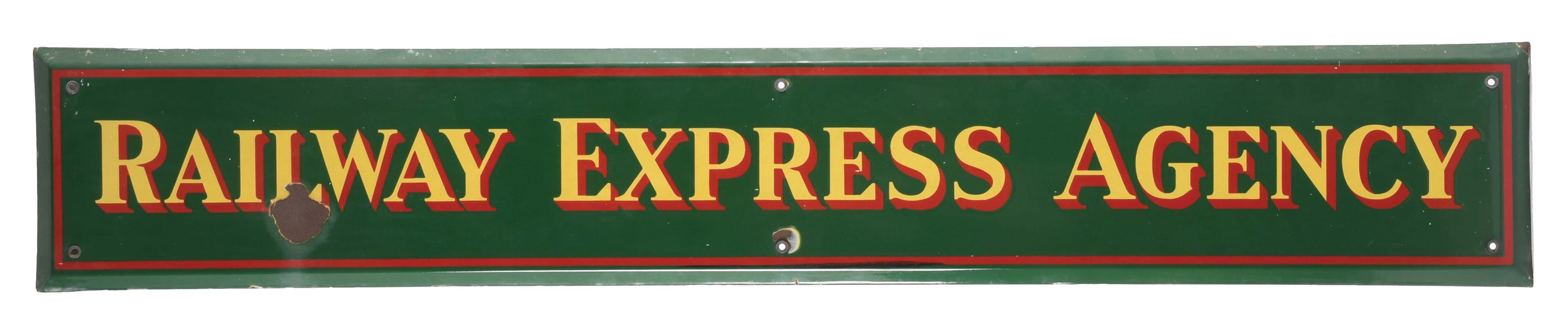 RAILWAY EXPRESS AGENCY PORCELAIN SIGN W/ SELF FRAMED EDGE. 