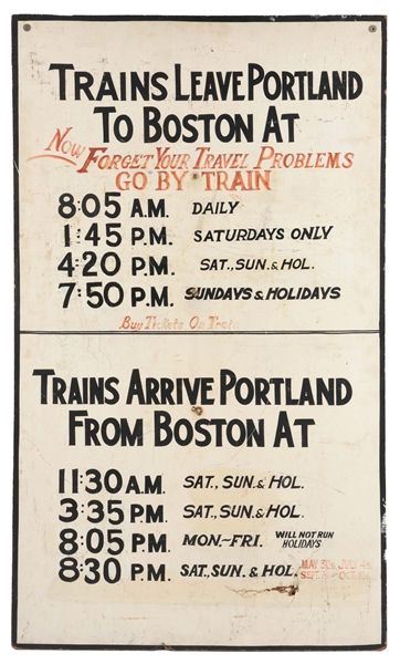 PORTLAND TO BOSTON HAND PAINTED RAILROAD TICKET TIME MASONITE SIGN.