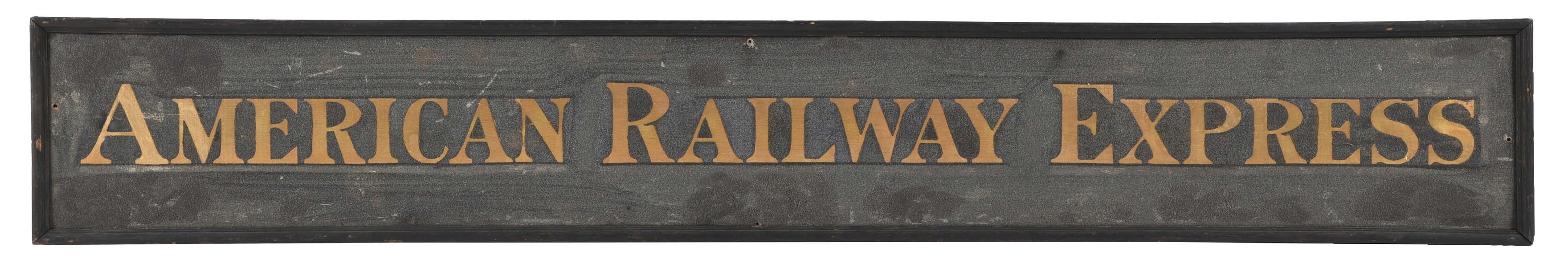 AMERICAN RAILWAY EXPRESS SMALTZ PAINTED WOODEN SIGN W/ WOODEN FRAME. 
