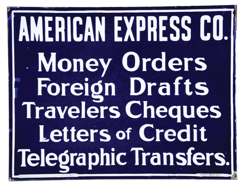 AMERICAN EXPRESS COMPANY MONEY ORDERS PORCELAIN FLANGE SIGN. 