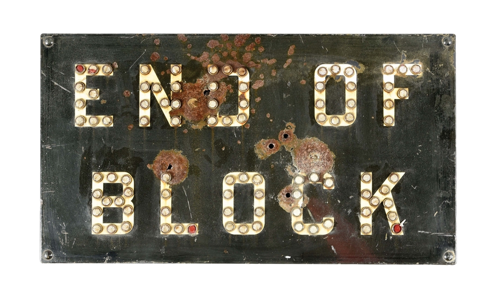 "END OF BLOCK" WARNING SIGN.