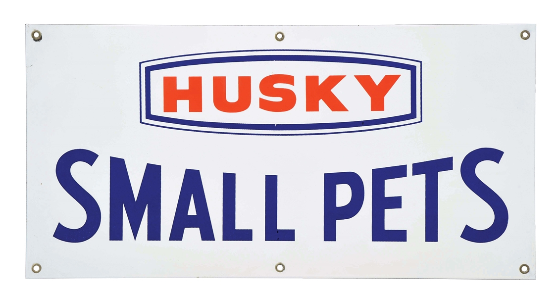 RARE HUSKY GASOLINE SMALL PETS PORCELAIN SERVICE STATION SIGN. 