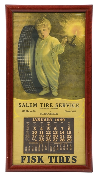 FISK TIRES FRAMED 1949 CALENDAR FOR SALEM TIRE SERVICE W/ FISK BOY GRAPHIC. 