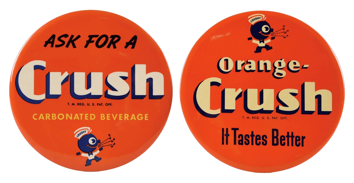 LOT OF 2: ORANGE CRUSH CELLULOID OVER CARDBOARD SIGNS.