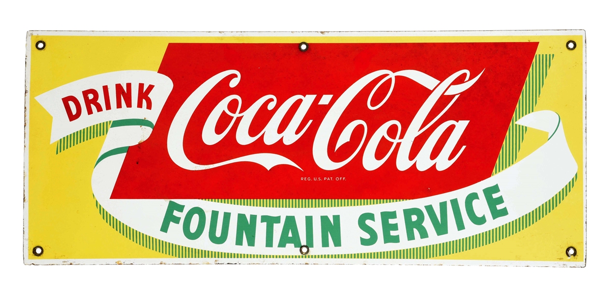 SINGLE-SIDED PORCELAIN "DRINK COCA-COLA FOUNTAIN SERVICE" SIGN.