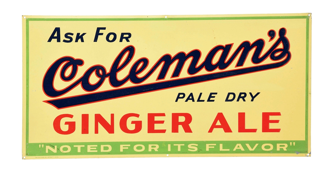 EMBOSSED TIN COLEMANS GINGER ALE SIGN. 