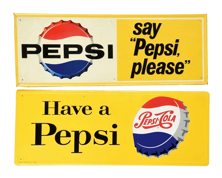 LOT OF 2: EMBOSSED TIN PEPSI SIGNS.