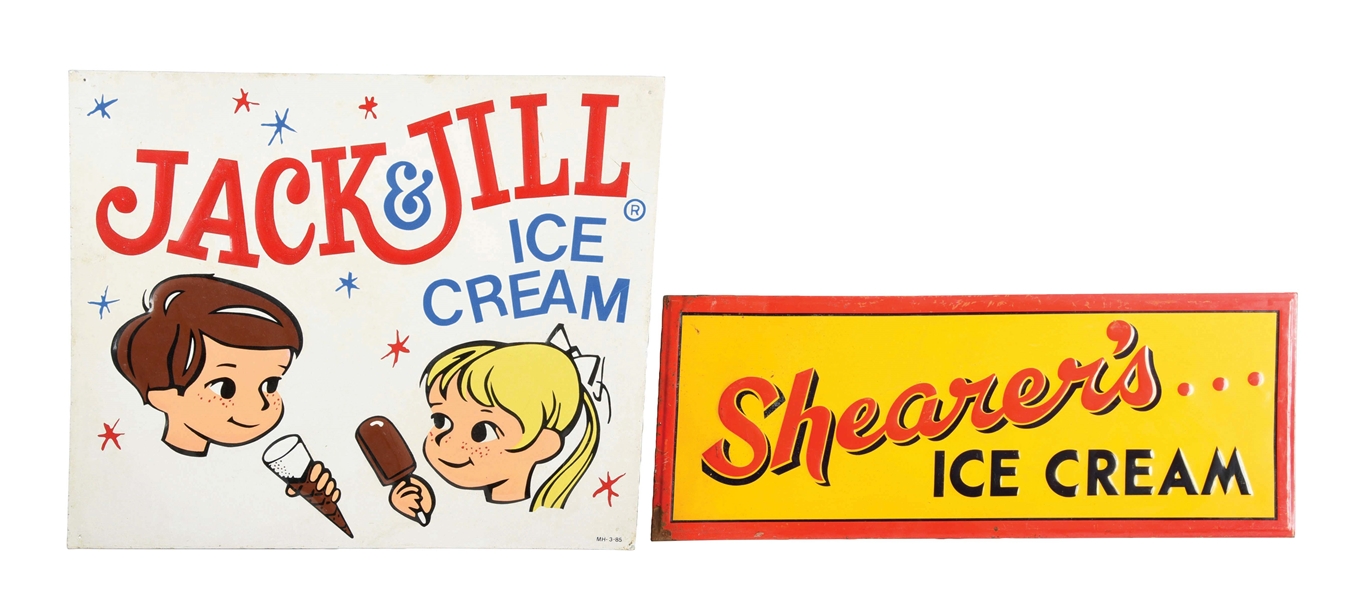 LOT OF 2: SHEARERS AND JACK & JILL ICE CREAM SIGNS.